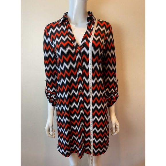 Michael Kors Womens Chevron Button Up Shirt Dress Roll Up Sleeve Red Black SZ 2 - Picture 3 of 8